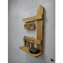 Doğal Ahşap Duvar Anahtarlık Tutucu Raflı Ahşap Askılık(Dut)(Welcome Home)