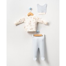 Bebeva Baby Erkek Bebek %100 Pamuklu Maymuncuk Baskılı Kruvaze Zıbın Pantolon ve Şapka 3'lü Takım