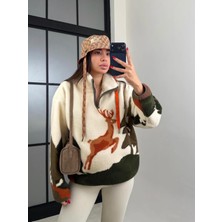 Asl Woman Geyik Desenli Yarım Fermuarlı Oversize Polar Sweatshirt
