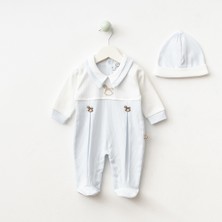 Bebeva Baby Yenidoğan Erkek Bebek %100 Pamuklu Ayıcık Nakışlı Bebe Yakalı Şapkalı Tekli Tulum