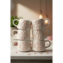 YasBey Design El Yapımı 6’li Pembe Papatya Desenli Seramik Kupa Bardak