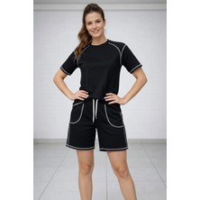 Kadın Spor Tişört Şort Takım Kontrast Dikiş Detaylı Ovarsize Rahat Kalıp - Siyah