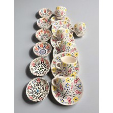 Artistic Quality Dekoratif 6 Kişilik Lale Tasarımlı Tamamen El Yapımı Kahve Fincan Seti ve Çerezlik-Sosluk