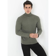 Erkek Kaşkorse Boğazlı Full Likralı Fitilli Body Kazak - Haki