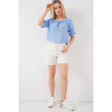 Yakası Fırfır Detaylı Bluz 959 - Mavi