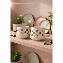 YasBey Design El Yapımı 2’li Kiraz Desenli Seramik Kupa Bardak