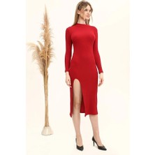 Kadın Bordo Renkli Yarım Balıkçı Tek Taraf Yırtmaçlı Elbise