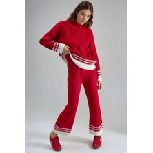 Hiccup Kadınlar MY FASHION Çizgili Fitilli Örgü Takım, Yarım Balıkçı Yaka Kazak Kırmızı