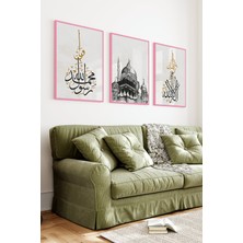 KutuTR Pembe Ahşap Çerçeveli 2duv Baskı 3’lü Mdf Tablo–kelime-I Tevhid Temalı-Pembe CRV1189