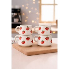 YasBey Design El Yapımı 4’lü Çilek Desenli Seramik Kupa Bardak