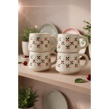 YasBey Design El Yapımı 4’lü Kiraz Desenli Seramik Kupa Bardak