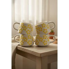 YasBey Design El Yapımı 4’lü Sarı Papatya Desenli Seramik Kupa Bardak