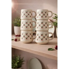 YasBey Design El Yapımı 6’li Kiraz Desenli Seramik Kupa Bardak