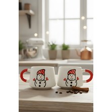 YasBey Design El Yapımı 2’li Kardan Adam Desenli Seramik Kupa Bardak