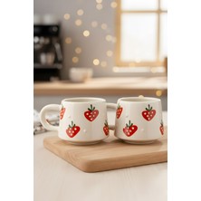 YasBey Design El Yapımı 2’li Çilek Desenli Seramik Kupa Bardak