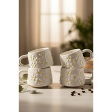 YasBey Design El Yapımı 4’lü Beyaz Papatya Desenli Seramik Kupa Bardak