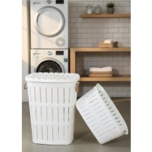 Buclee Bambu Görünümlü Halatlı Kirli Çamaşır Sepeti ve Çamaşır Selesi Seti 62 Lt + 40 Lt - Beyaz