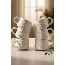 YasBey Design El Yapımı 6’li Beyaz Papatya Desenli Seramik Kupa Bardak