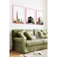 KutuTR Pembe Renk Ahşap Çerçeveli 2duv Baskı 3’lü Mdf Tablo–kabe Kudüs Temalı Dekoratif Set-Pembe CRV1237