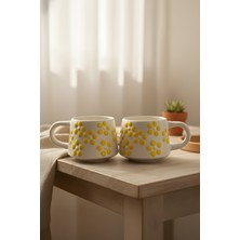 YasBey Design El Yapımı 2’li Sarı Papatya Desenli Seramik Kupa Bardak