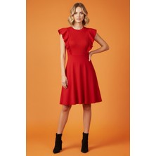 Bisiklet Yaka Volanlı Kırmızı Kaşkorse Elbise