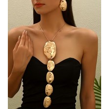 Biryildizol Altın Kaplama  Büyük Abartılı Disk Kolye Küpe Seti Bohem Takı Seti