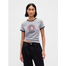 Gap Kadın Gri Stranger Things Organik Pamuk Vintagesoft Crop T-Shirt