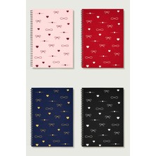 Black-One Kalp Temalı 4'lü Set A5 Metal Spiralli Çizgisiz Kalın Bristol Kapak Kalp Temalı 4'lü Set Defter