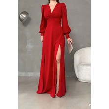 Ezraa Kırmızı Askılı Yırtmaçlı Düz Elbise