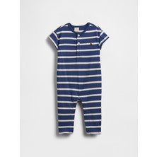 Gap Koyu Mavi Brannan Bear Henley Bodysuit Pamuklu Kısa Kollu Bebek Tulum Çizgili Desenli