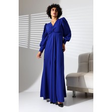 Ezraa Saks Mavisi Krep Kumaş Önü Düğüm Detay Uzun Kollu Çift Yırtmaçlı Elbise