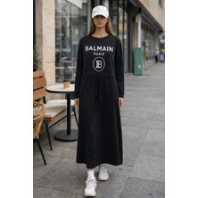 Miskoza Kadın Uzun Elbise Günlük Rahat Kesim Baskılı Bisiklet Yaka Elbise