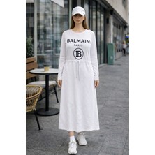 Miskoza Kadın Uzun Elbise Günlük Rahat Kesim Baskılı Bisiklet Yaka Elbise