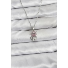Moresun Buğz 316L Çelik Zincir Gümüş Renk Teddy Bear Model Zirkon Taşlı Kadın Kolye