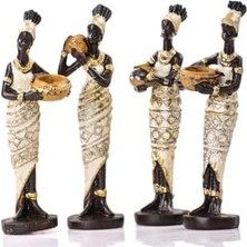 Skygo Dekorlu Afrikalı Kadın Biblo Seti - 4'lü Dekoratif Figür Biblo,krem Siyah,15 x 15