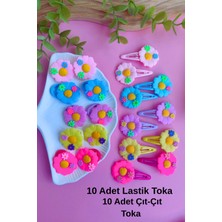 Renkli Çiçek Figürlü Toka Seti ( 10 Adet Lastik Toka - 10 Adet Çıt-Çıt Toka )
