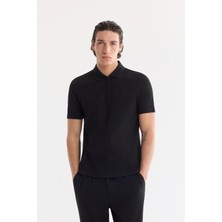 AVVA Erkek Siyah Kıvrılmaz Polo Yaka Fermuarlı %100 Pamuk Regular Fit T-Shirt A61Y1038