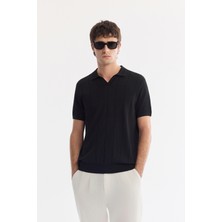 AVVA Siyah Polo Yaka Düğmesiz Dokulu Regular Fit Triko T-Shirt A61Y5044