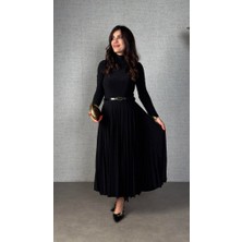 Nidam Butik Kadın Uzun Kollu Balıkçı Yaka Kemersiz Pileli Uzun Sandy Elbise