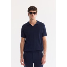 AVVA Erkek Lacivert Polo Yaka Düğmesiz Dokulu Regular Fit Triko T-Shirt A61Y5044