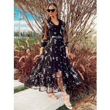 Buğrahayalin Kadın Flok Kumaş Çiçek Desenli Elbise