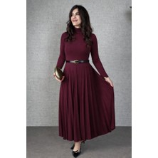 Gökyüzü Moda Kadın Uzun Kollu Balıkçı Yaka Kemersiz Pileli Uzun Sandy Elbise