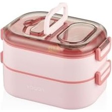 Skygo Bento 1000ML Lunchbox Çift Katlı 3 Bölmeli Çelik Sefer Tası Yemek Kutusu (Pembe)