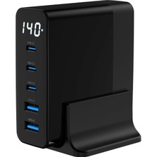 Skygo 140W Gan Hızlı Şarj Istasyonu, 3 Usb-C ve 2 Usb-A Port, Pd/qc/pps Destekli, LED Ekranlı, 5A Hızlı Şarj, Akım Korumalı, Aşırı Şarj Korumalı, Aynı Anda 5 Cihaz Şarj, Siyah