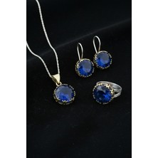 Roza Silver Safir Taşlı Lale Motifli Yuvarlak Otantik Gümüş Kadın Set