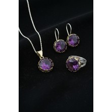 Roza Silver Ametist Taşlı Lale Motifli Yuvarlak Otantik Gümüş Kadın Set