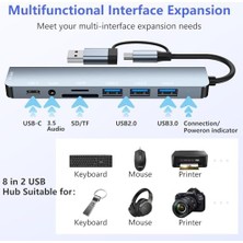 Skygo USB C Hub, 8'i 1 Arada USB Hub 3.0 Çok Portlu Adaptör, USB 3.0 Bağlantı Noktaları, Sd/tf Kart Okuyucu, Usb-C ve 3 x USB 2.0 Veri Bağlantı Noktaları, 3,5 mm Ses Bağlantı Noktaları,  Air