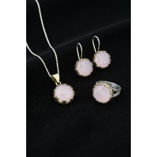 Roza Silver Pembe Kuvars Taşlı Lale Motifli Yuvarlak Otantik Gümüş Kadın Set