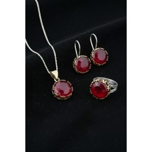 Roza Silver Lal Taşlı Lale Motifli Yuvarlak Otantik Gümüş Kadın Set