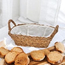 Skygo El Yapımı Doğal Hasır Kulplu Çok Amaçlı Dekoratif Dikdörtgen Sepet, Hasır Kulplu Ekmek Sepeti (27X18X8CM)
